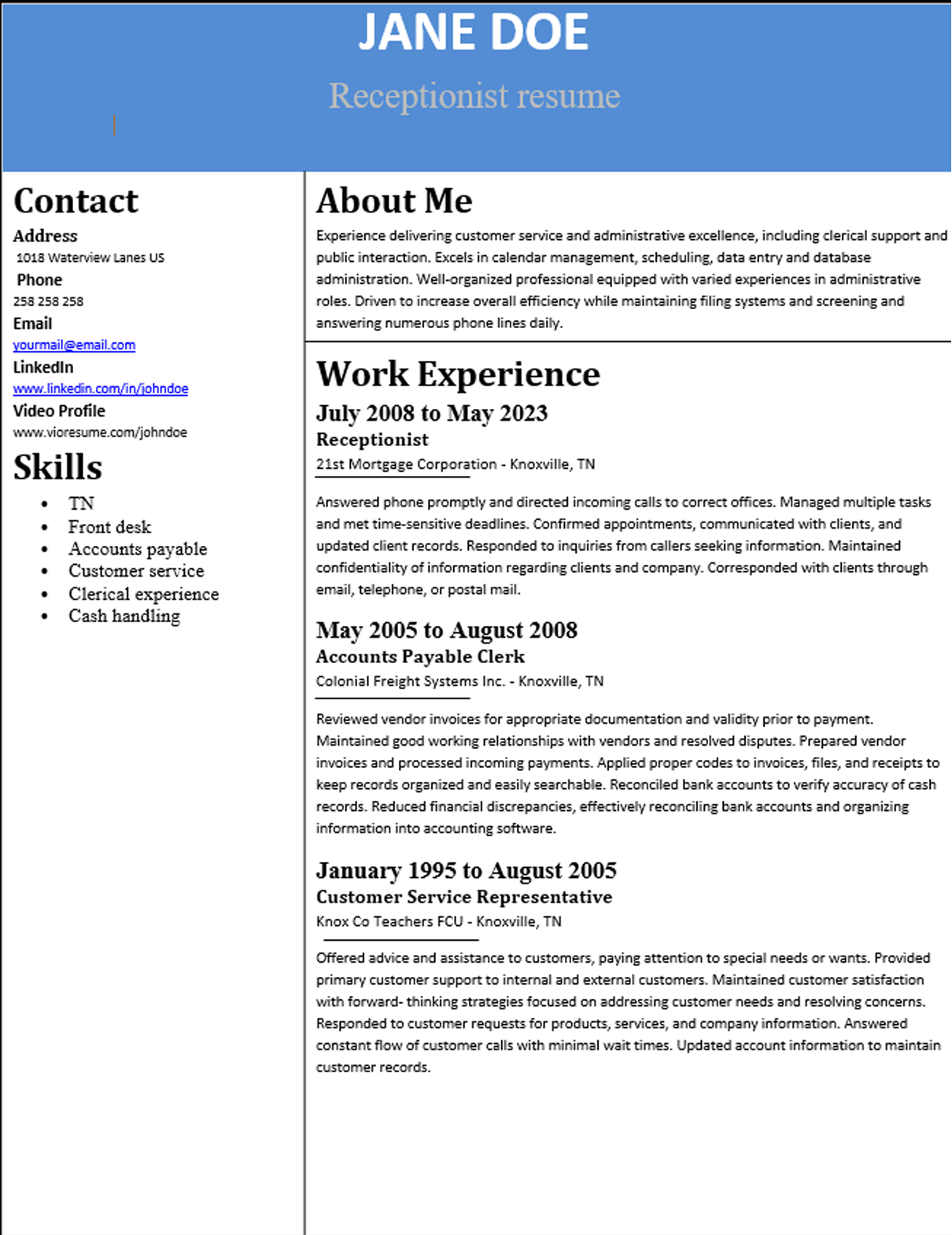 Receptionist resume