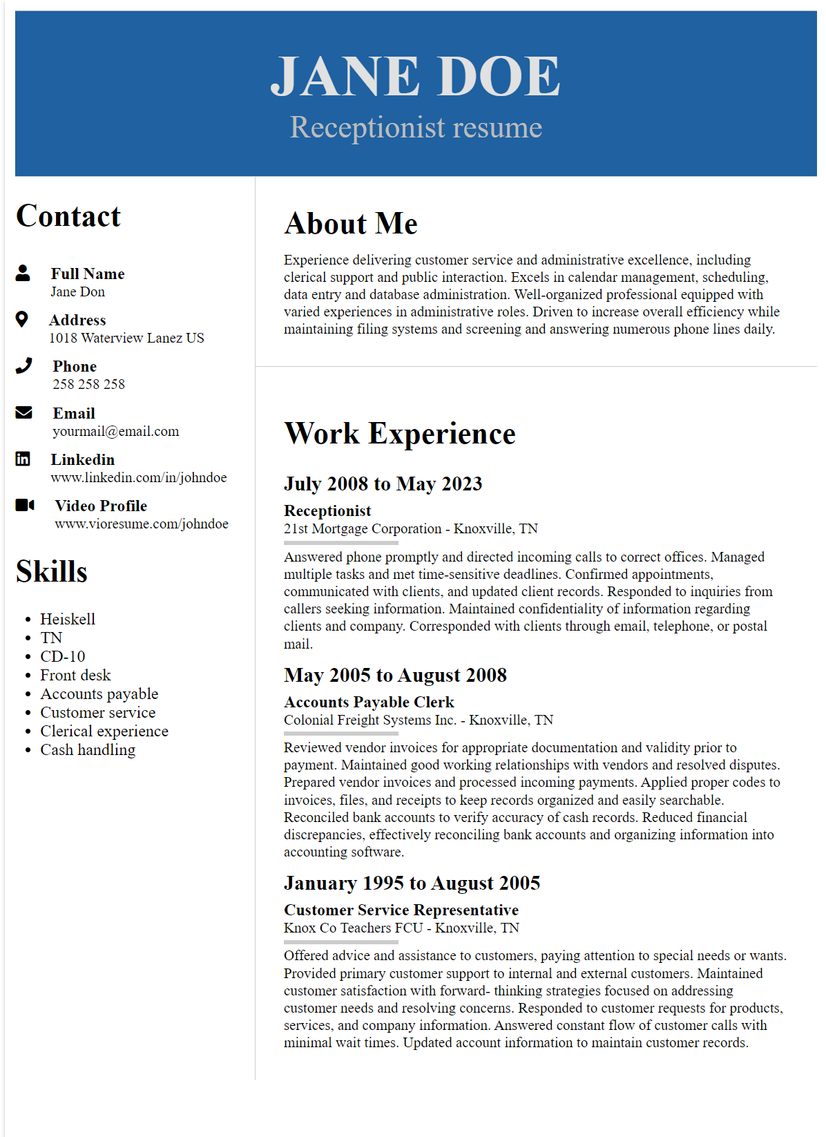 Receptionist resume