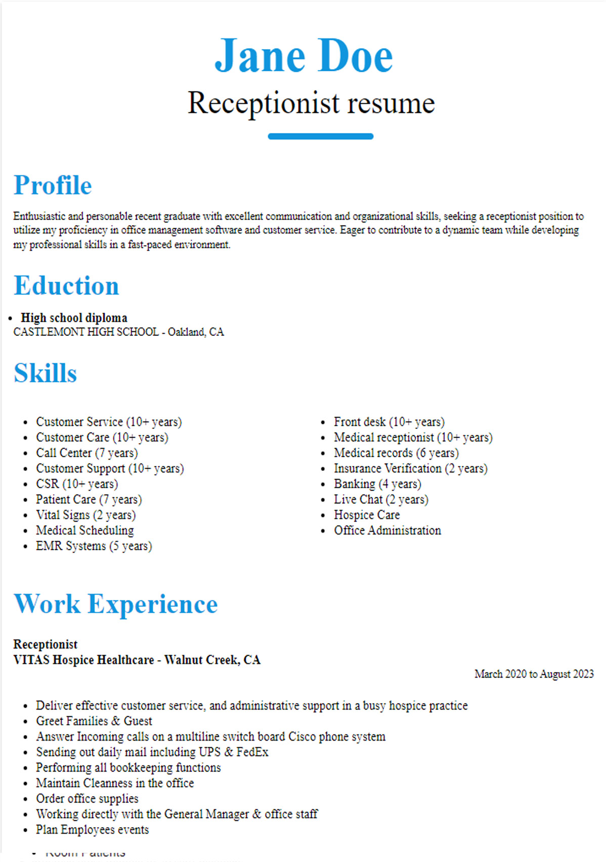 Receptionist resume ATS Version