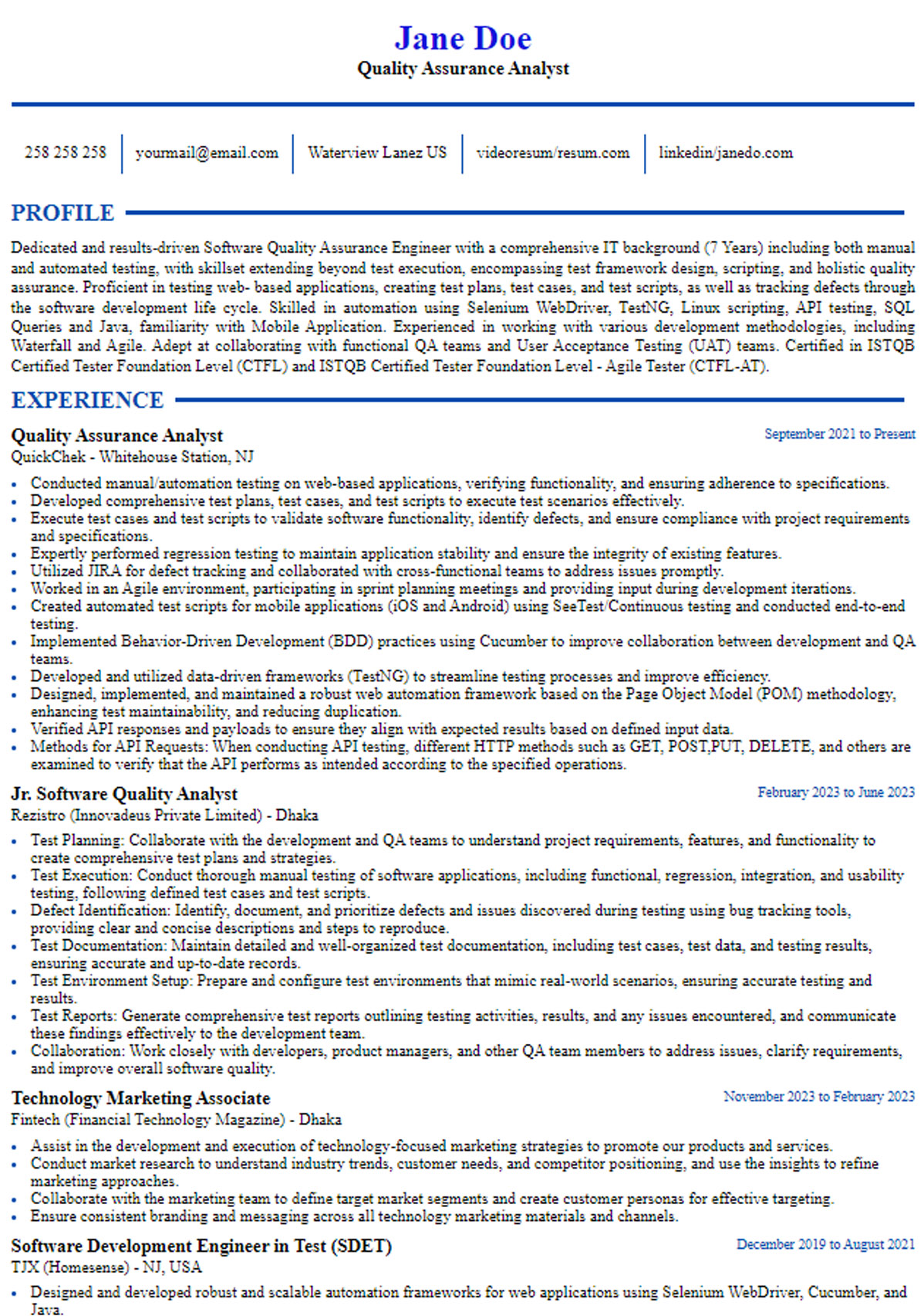 Quality Assurance Analyst ATS Version