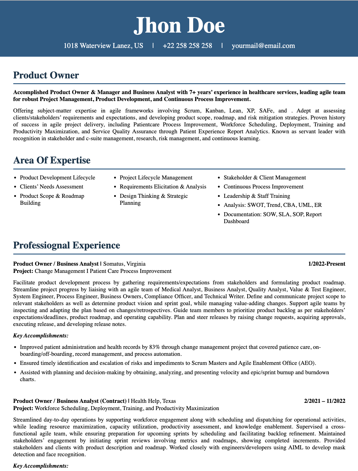 Product Owner Resume