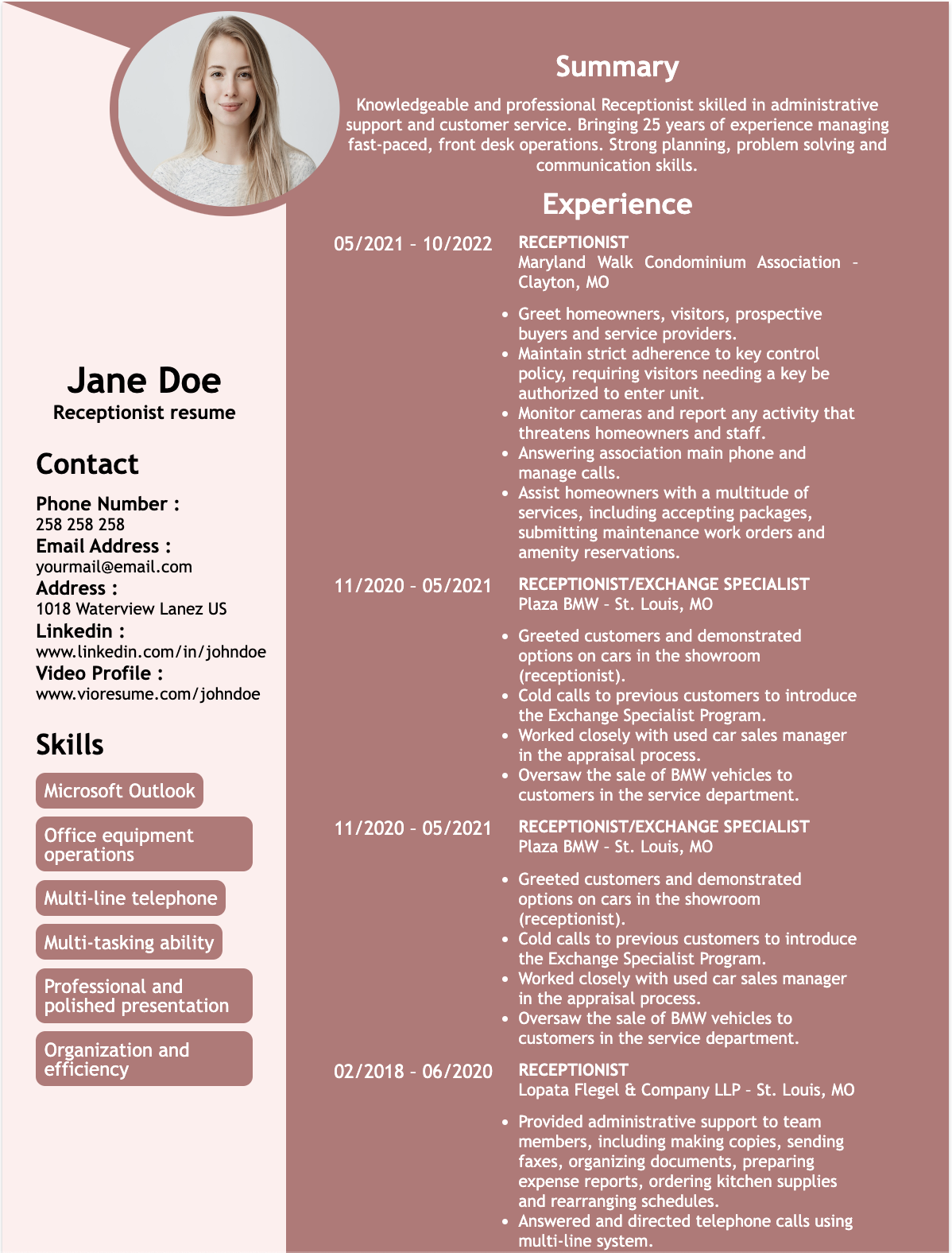 Receptionist resume