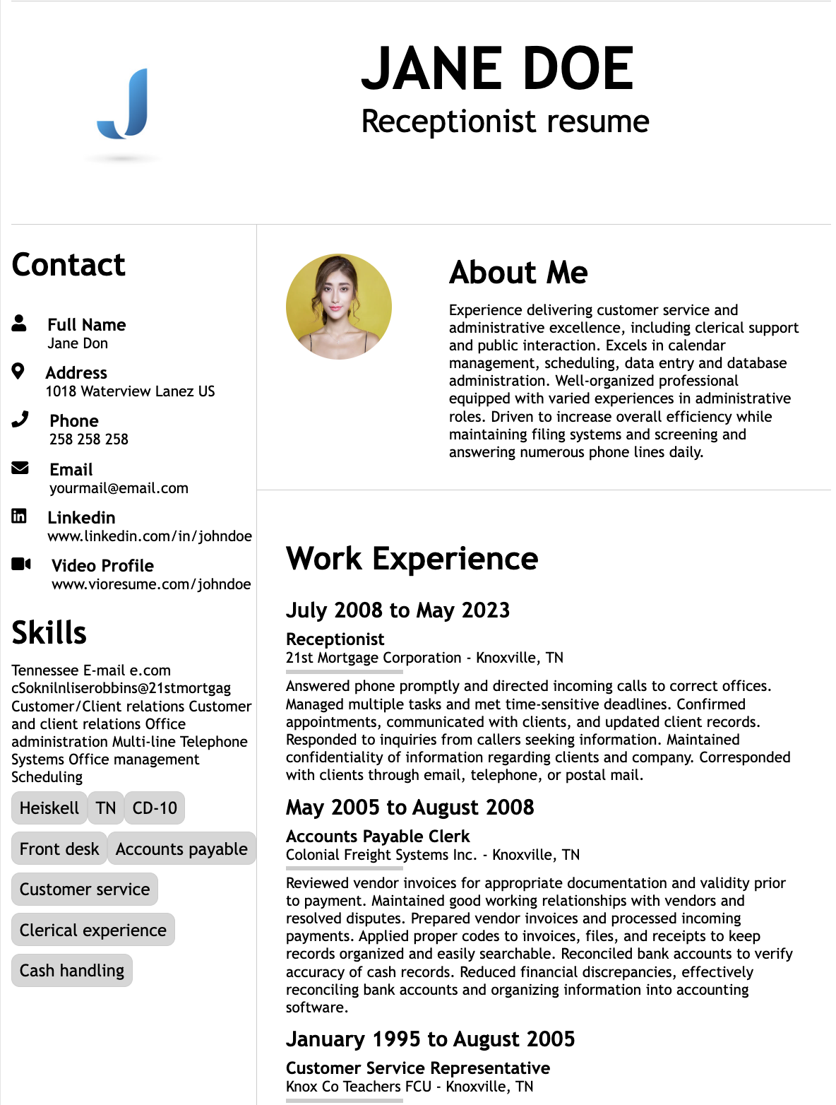 Receptionist resume