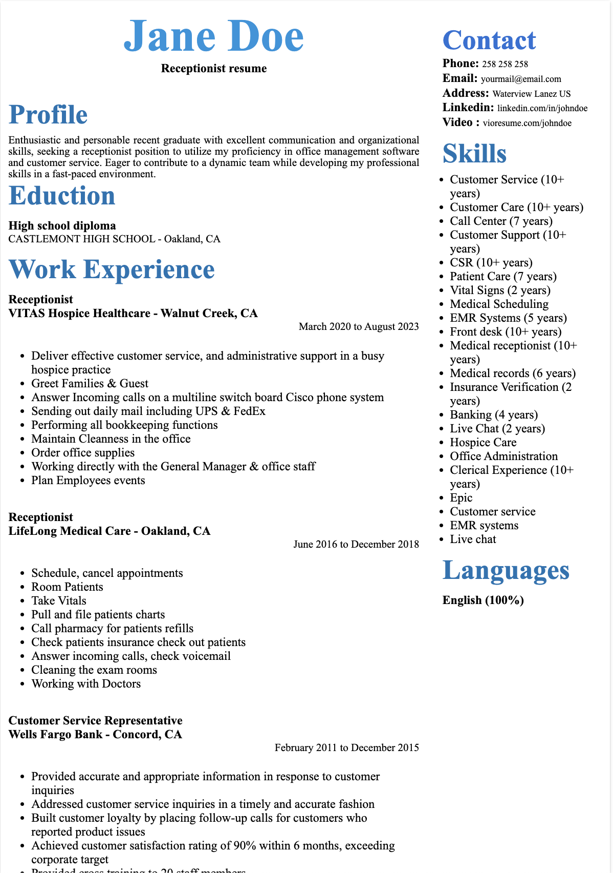 Receptionist resume ATS Version