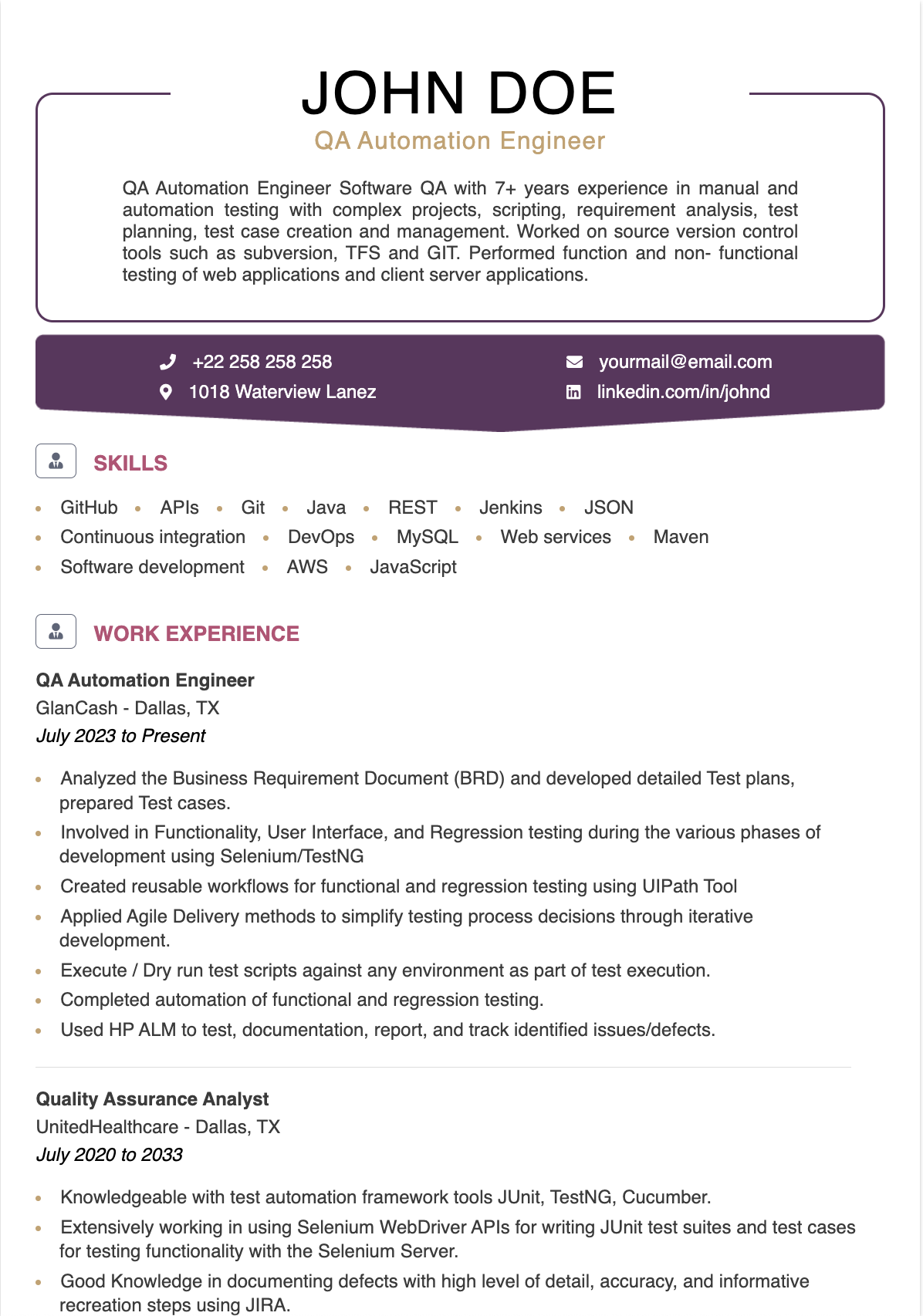 QA automation  Resume