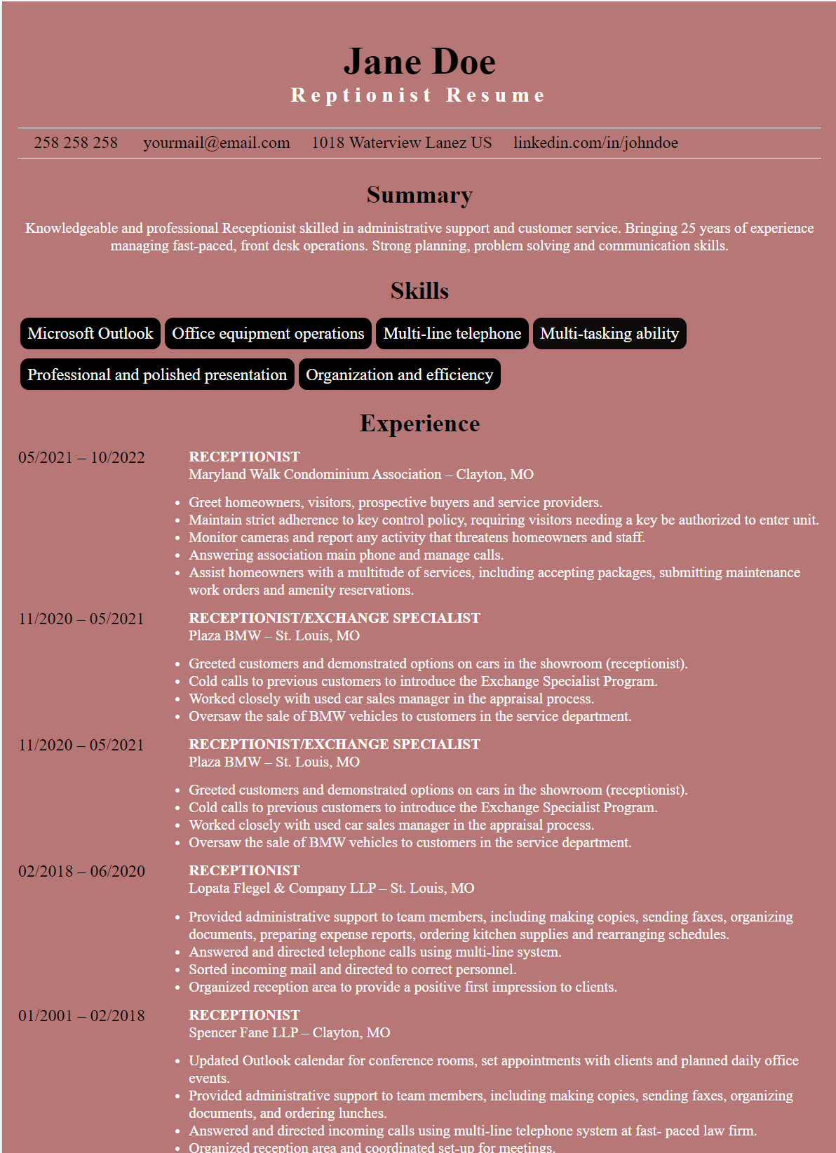 Receptionist resume ATS Version